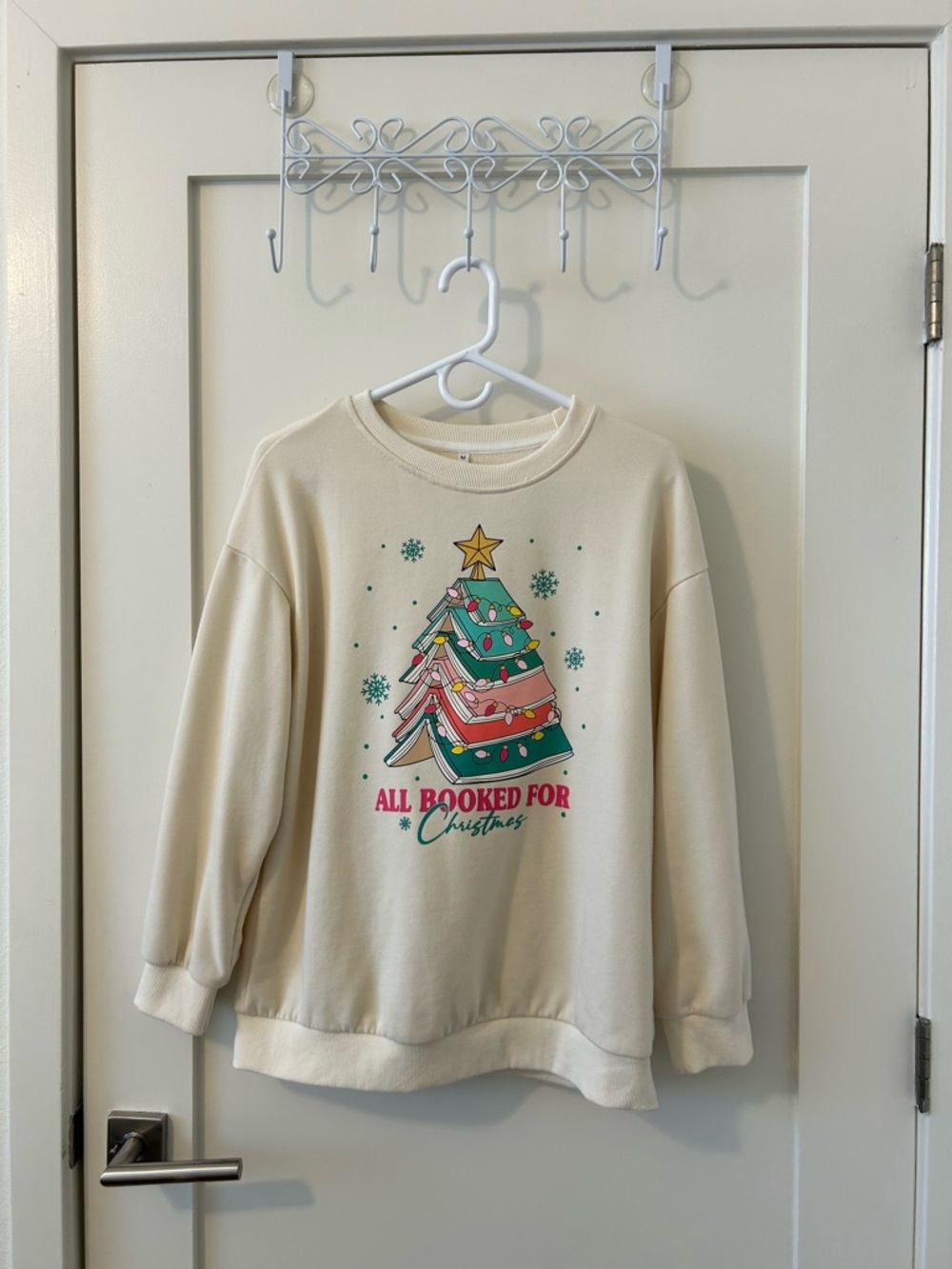 Cream Christmas Book Tree Sweatshirt - "All Booked For Christmas"